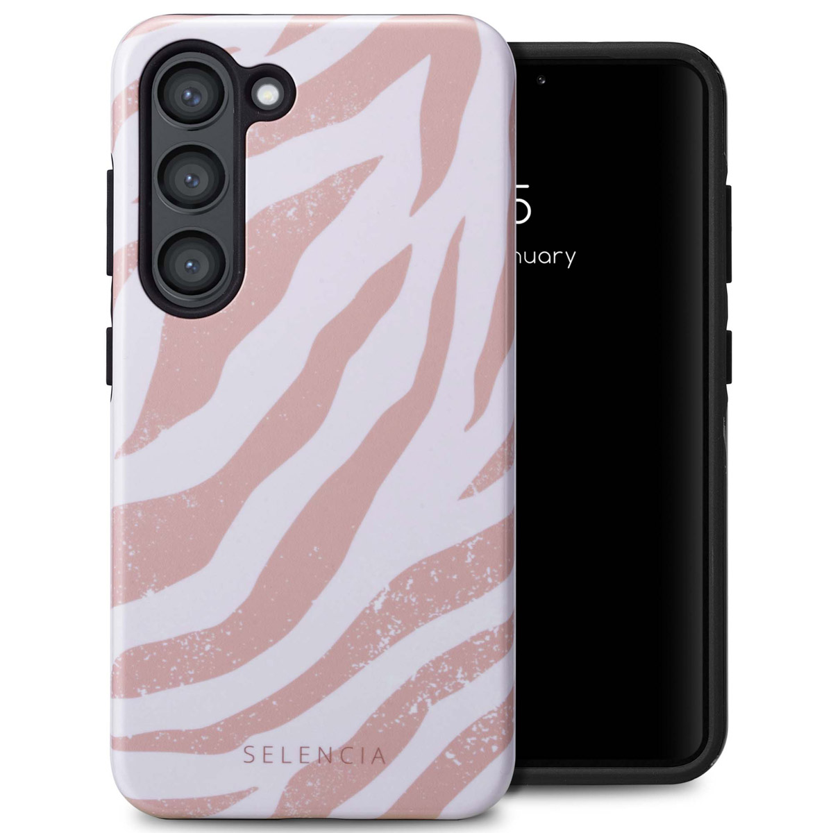 Coque de téléphone avec un motif zébré. Téléphone à l'intérieur. Le fond est blanc.