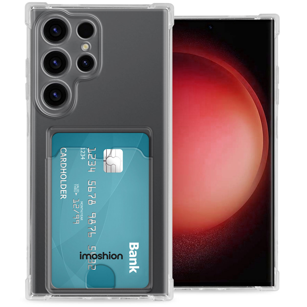 Coque transparente avec carte de crédit à l'intérieur. Le téléphone est dans la coque.