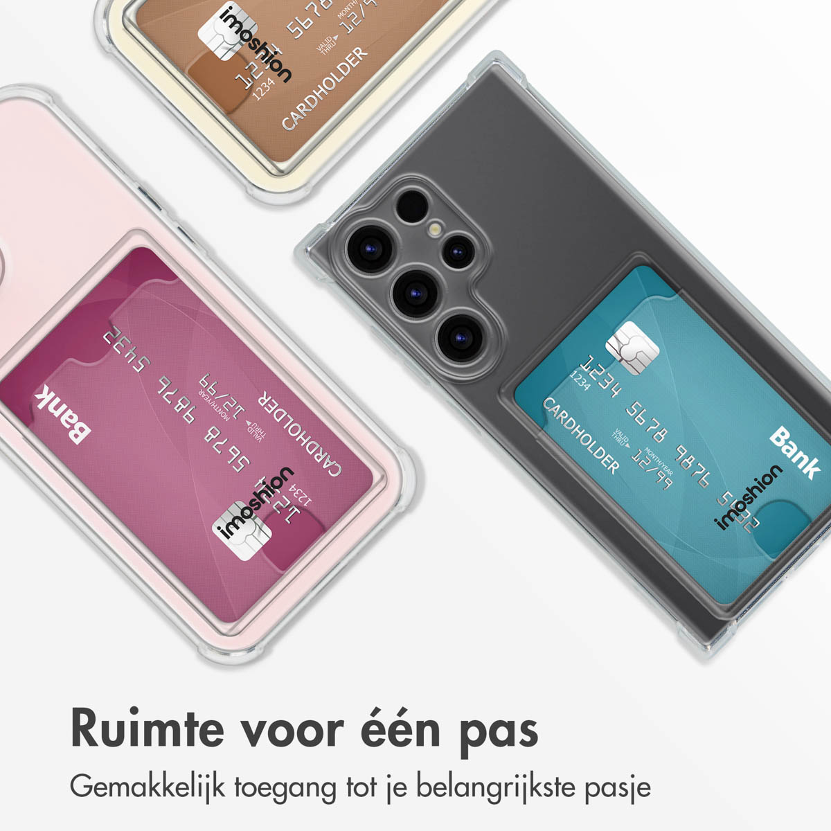 Étuis de téléphone avec porte-cartes. Texte : « De la place pour un pass ». Les étuis sont roses, marron et gris. Les cartes sont visibles.