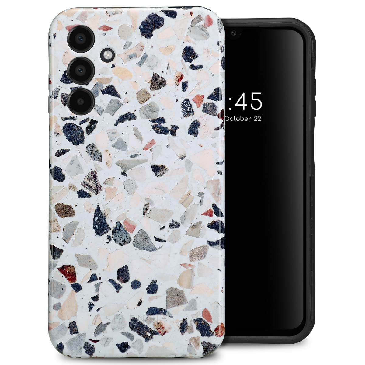 Telefoonhoesje met een wit marmerontwerp. De telefoon is zwart met een zichtbaar scherm.