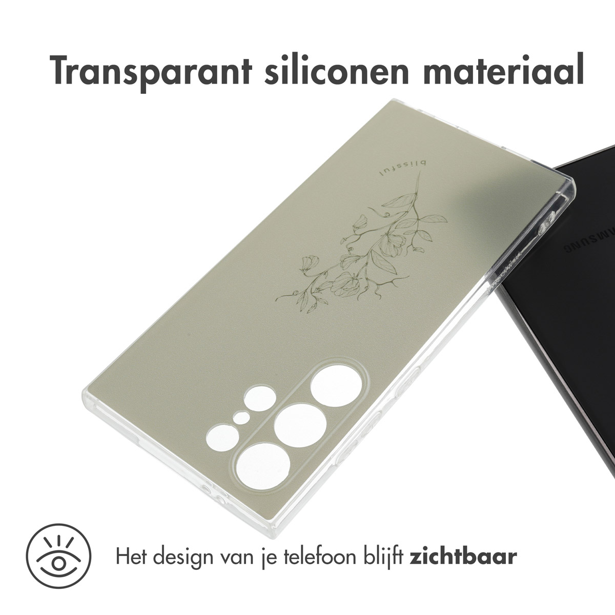 Telefoonhoesje met een bloemmotief. De hoes is transparant met een groen bloemmotief op een lichtgroene achtergrond.