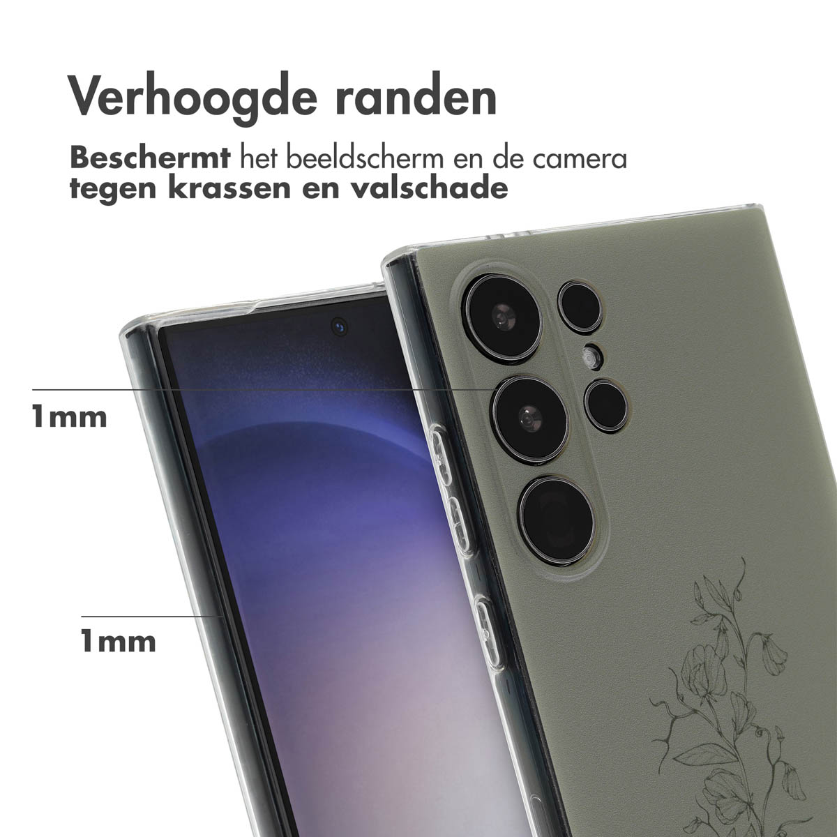 Telefoonhoesje met een bloemmotief op een groene achtergrond, met 1 mm verhoogde randen.