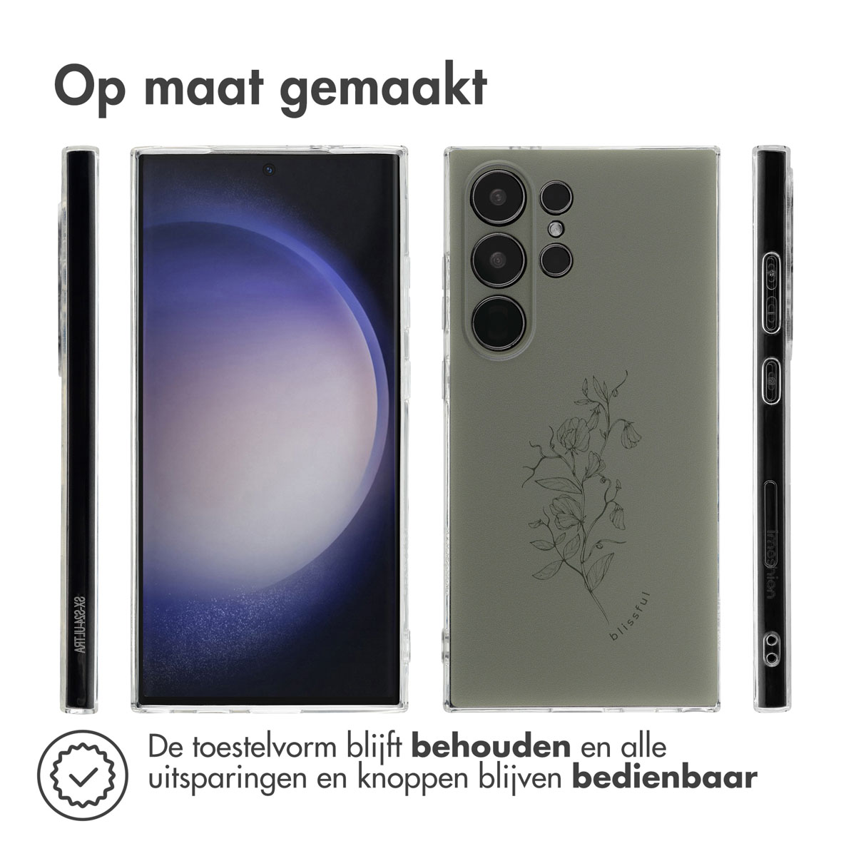 Telefoon en hoesjes met een bloemenontwerp. Groene hoes met zwart bloemenontwerp. Telefoon staat in het midden.