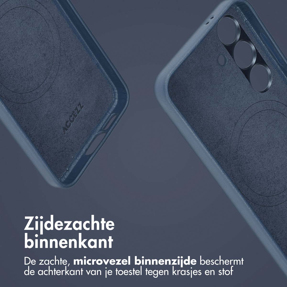 Blauw telefoonhoesje met zachte microvezel binnenkant.