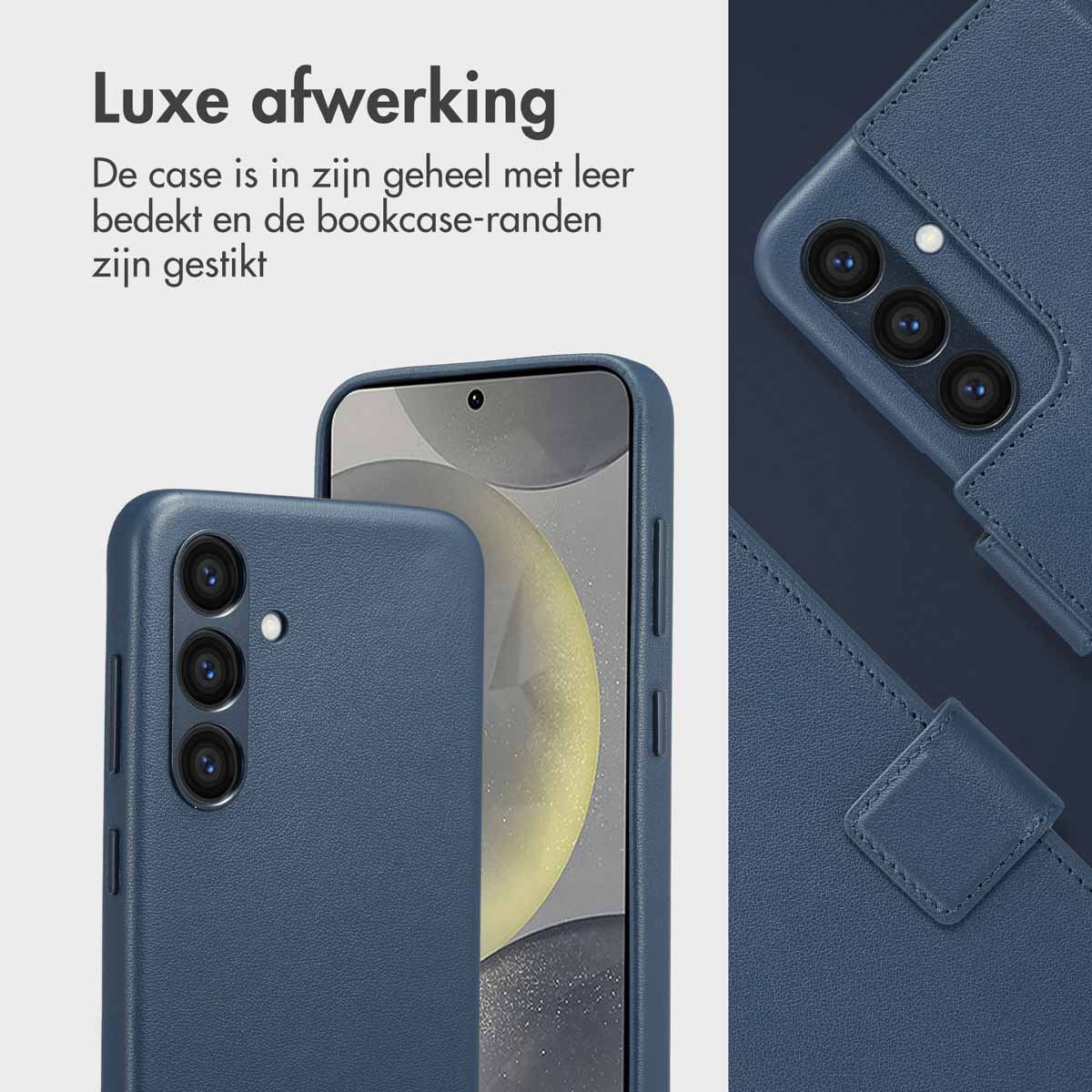 Blauwe telefoonhoes met drie camera's. Close-up van de telefoon en de hoes.