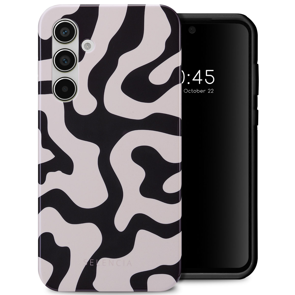 Telefoonhoesje met zwart en wit abstract design. Telefoon ernaast.