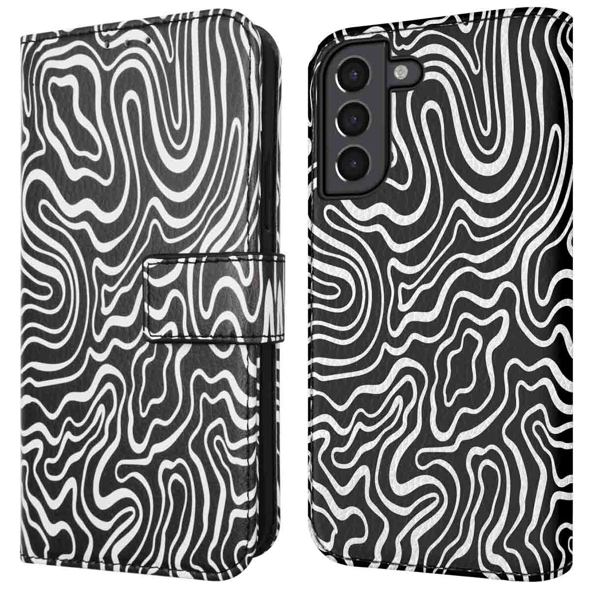 Telefoonhoesje met een zwart-wit zebrapatroon. De case is open en dicht.