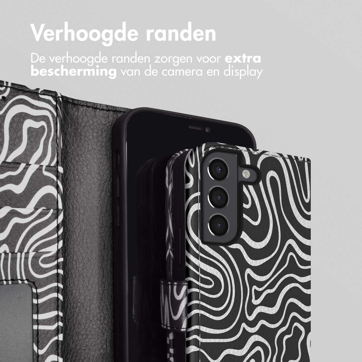 Zwart-wit golvende telefoonhoes open, toont een telefoon. Tekst over verhoogde randen.