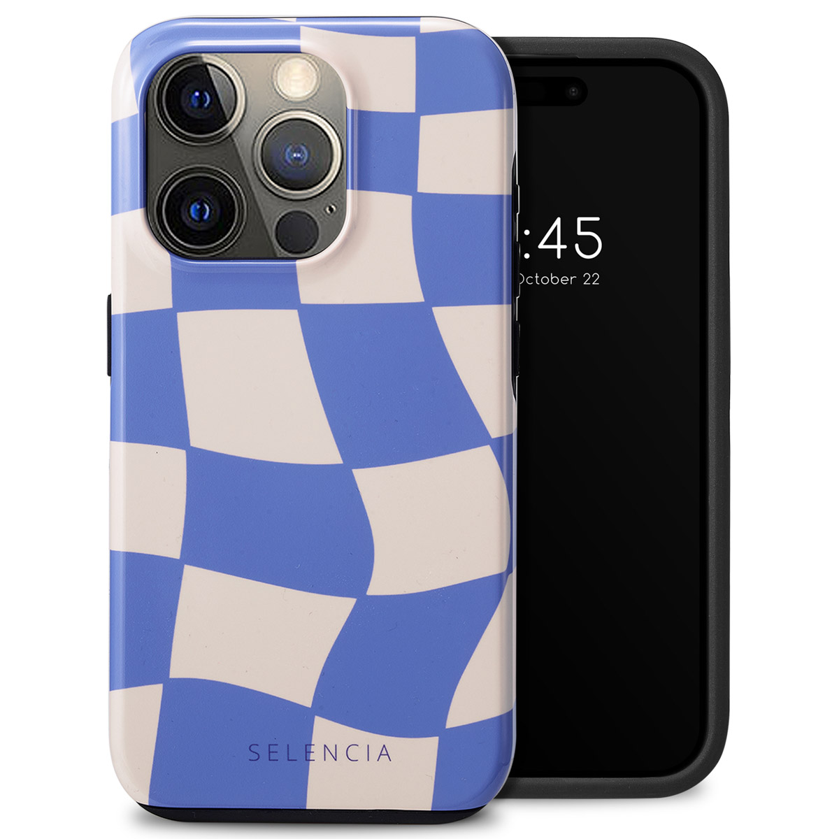 Blau-weiß karierte Handyhülle auf einem Telefon mit Zeitanzeige. Die Hülle hat einen Markennamen.