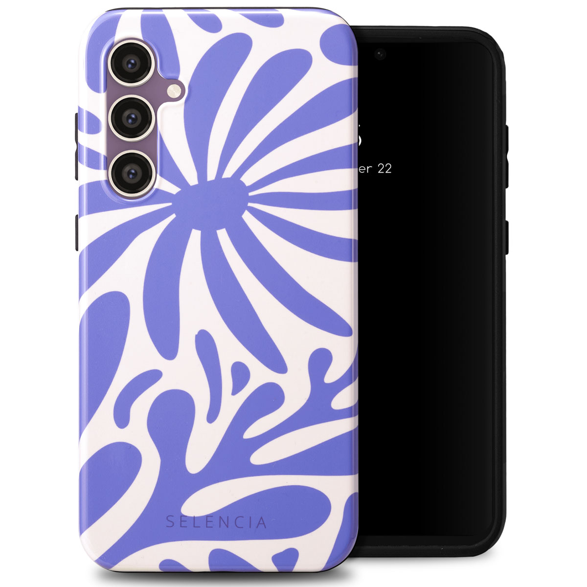 Telefoonhoesje met witte achtergrond en paars bloemmotief.