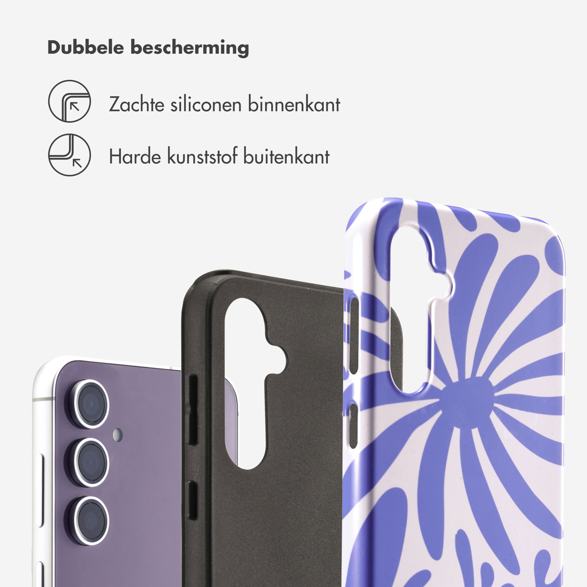 Telefoonhoesjes met een paarse telefoon erin. Tekst: "Dubbele bescherming." De case heeft een blauw en wit bloemen design.