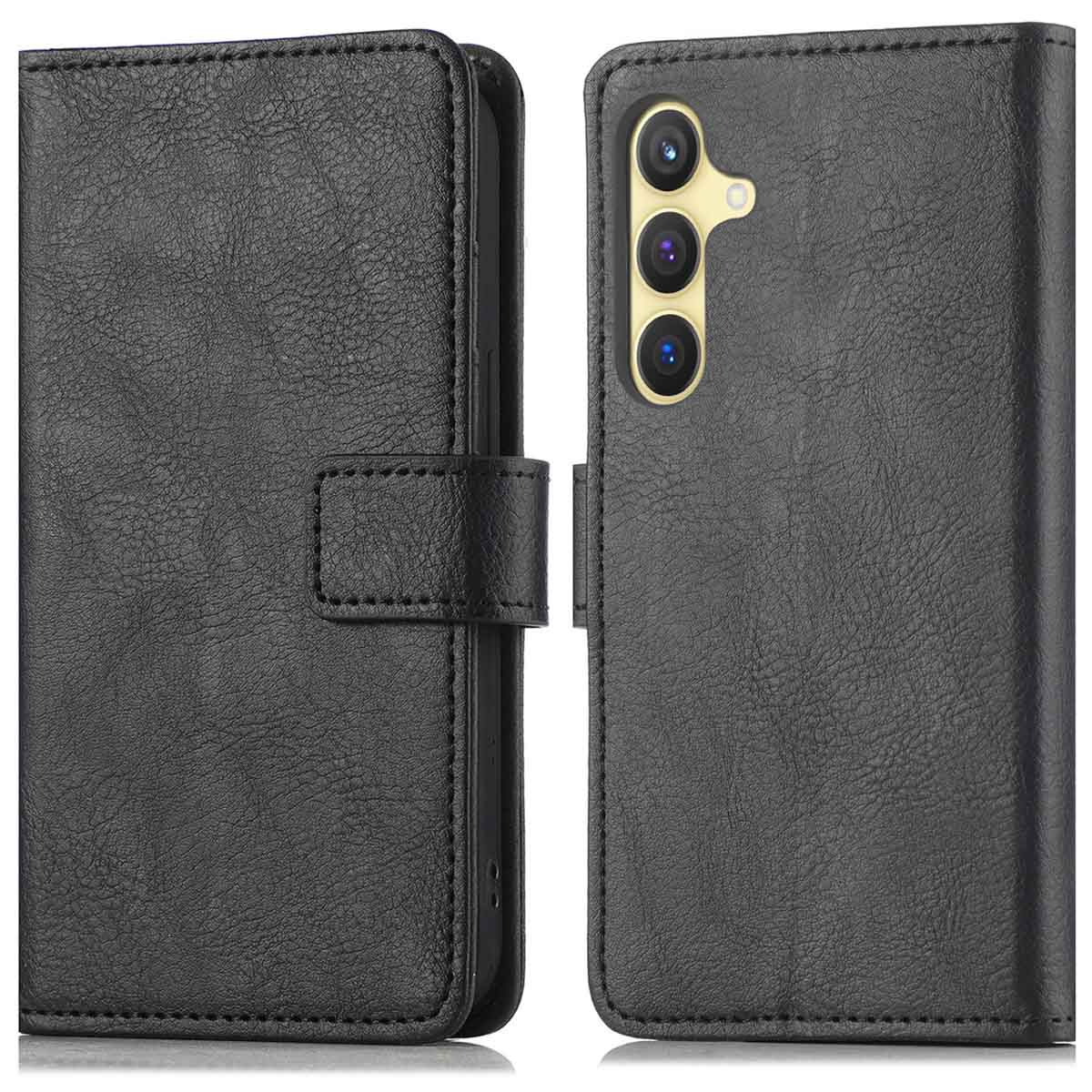 Zwarte leren telefoonhoes met een gesloten cover.
