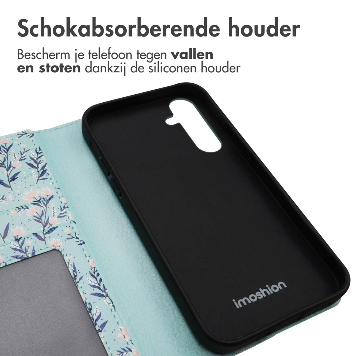Coque de téléphone avec un motif floral. Texte : Support absorbant les chocs. Protège contre les chutes.