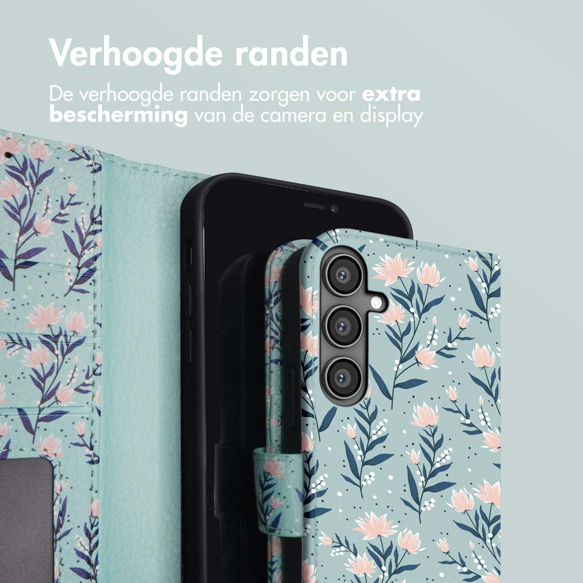 Coque de téléphone à motif floral, ouverte pour montrer le téléphone.