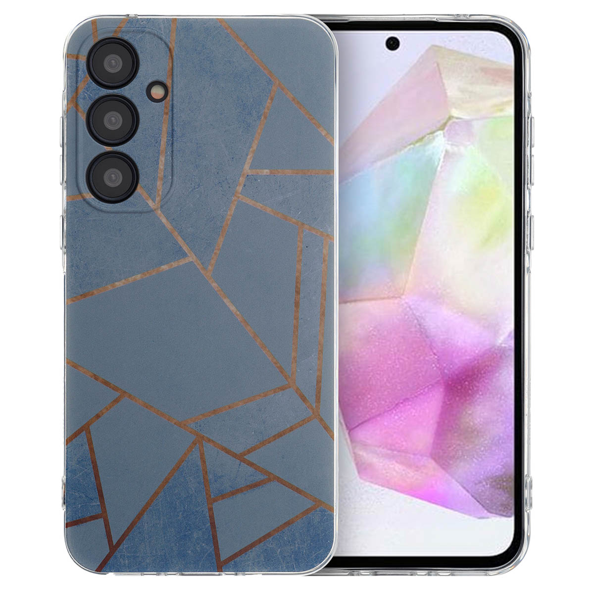 Een blauwe telefoonhoes met een gouden patroon. Het ontwerp lijkt op een geometrisch patroon.