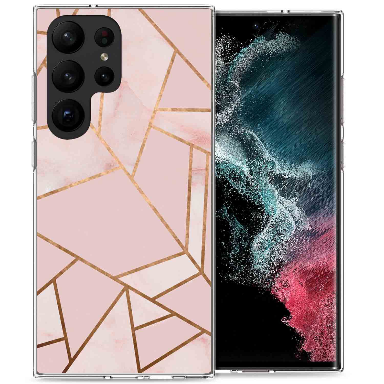 Rosa und goldfarbene geometrische Handyhülle mit Telefon.