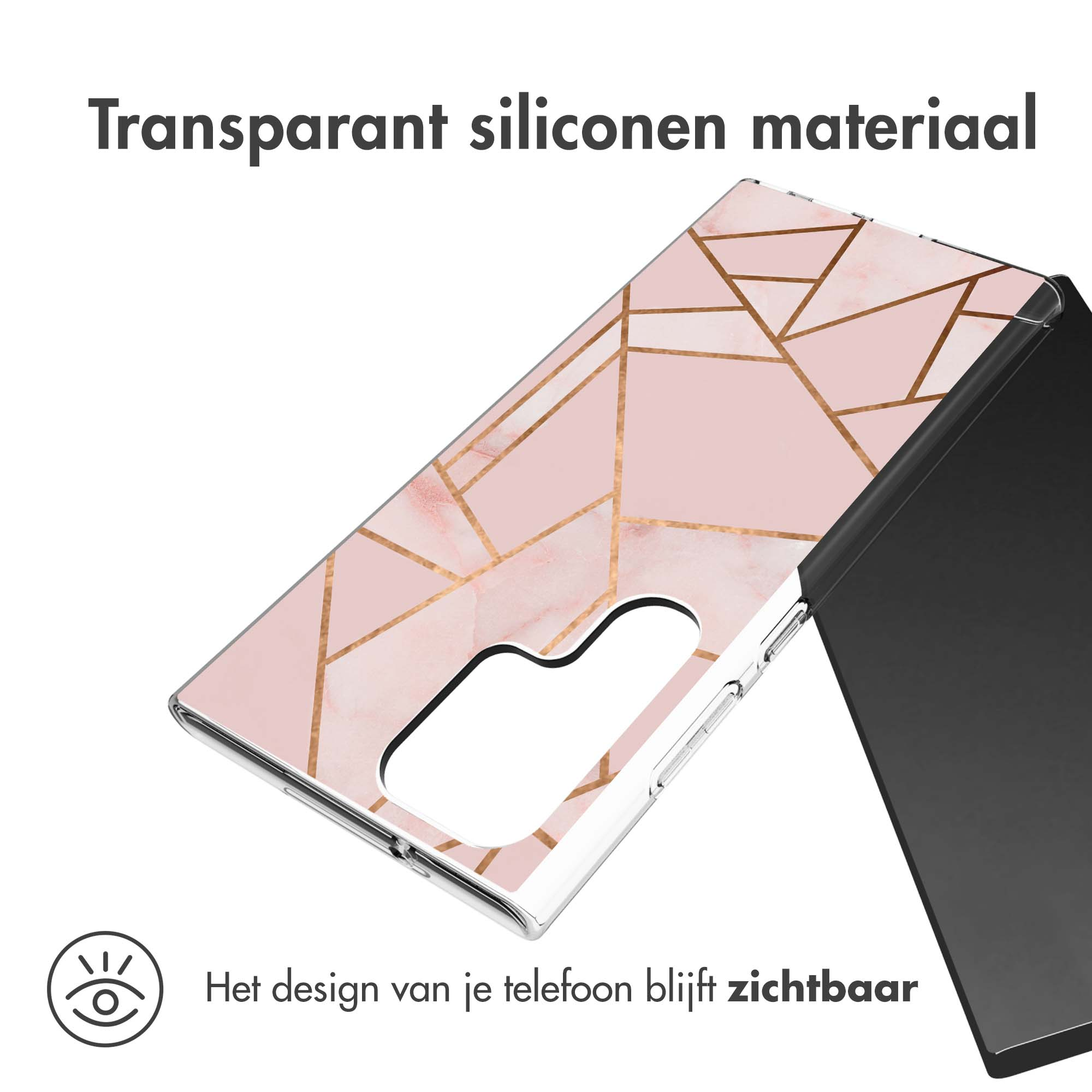 Transparente Handyhülle mit rosa geometrischem Design auf einem Telefon.