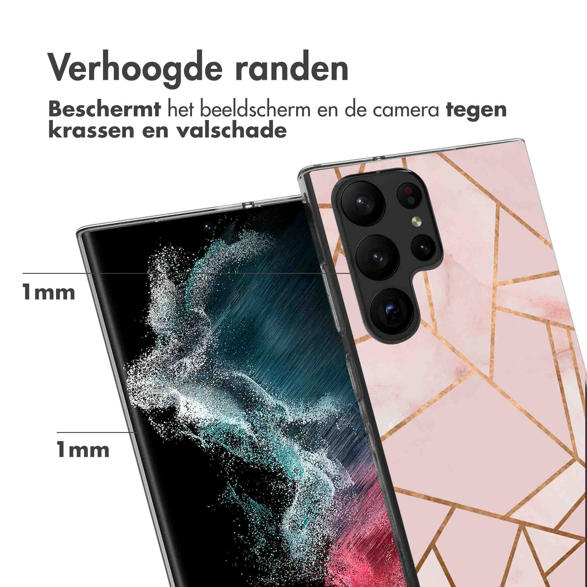Rosa Handyhülle mit goldenem geometrischen Design. Text: Erhöhte Kanten. Schützt Bildschirm und Kamera.