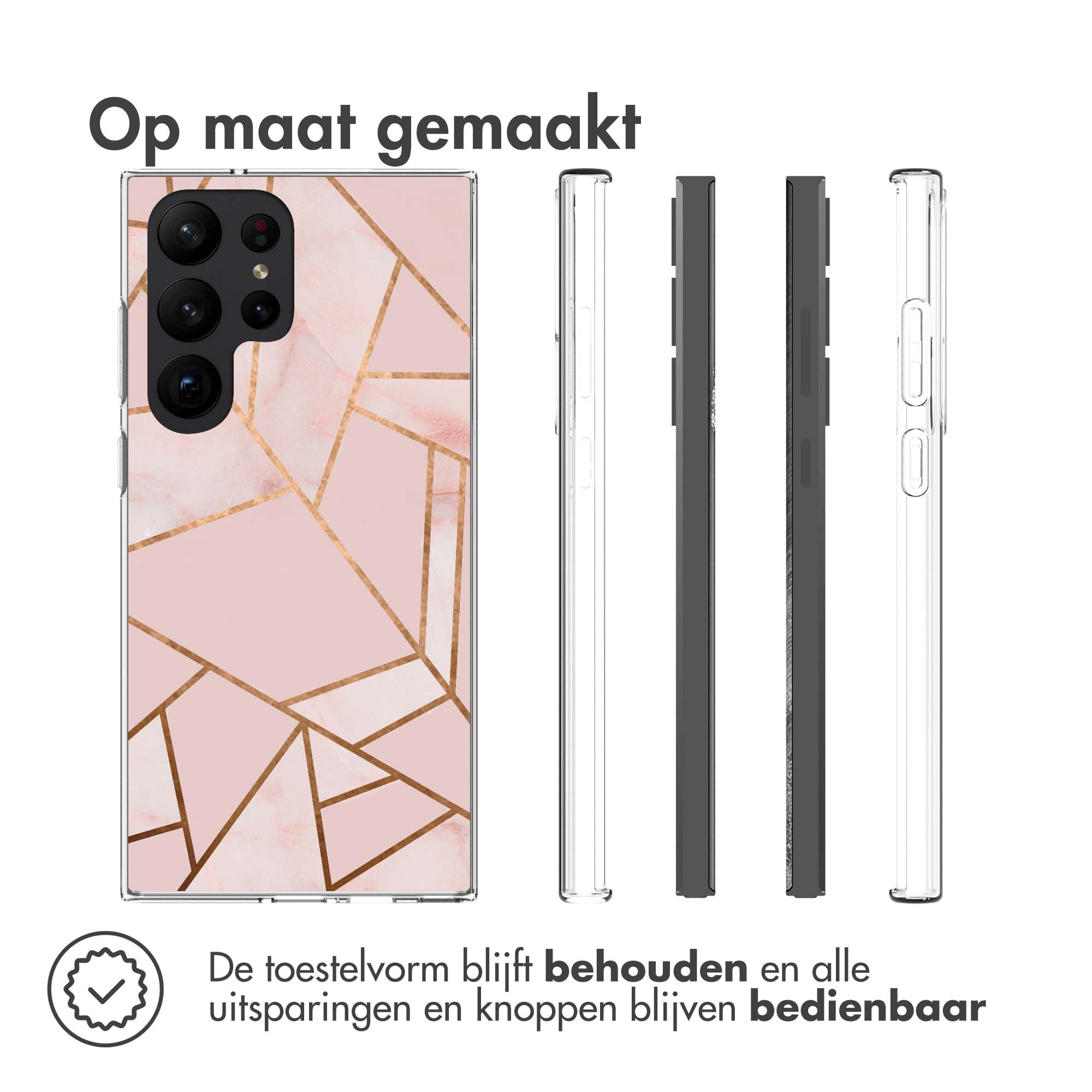 Handyhülle mit rosa Marmormuster. Links ist ein Telefon.