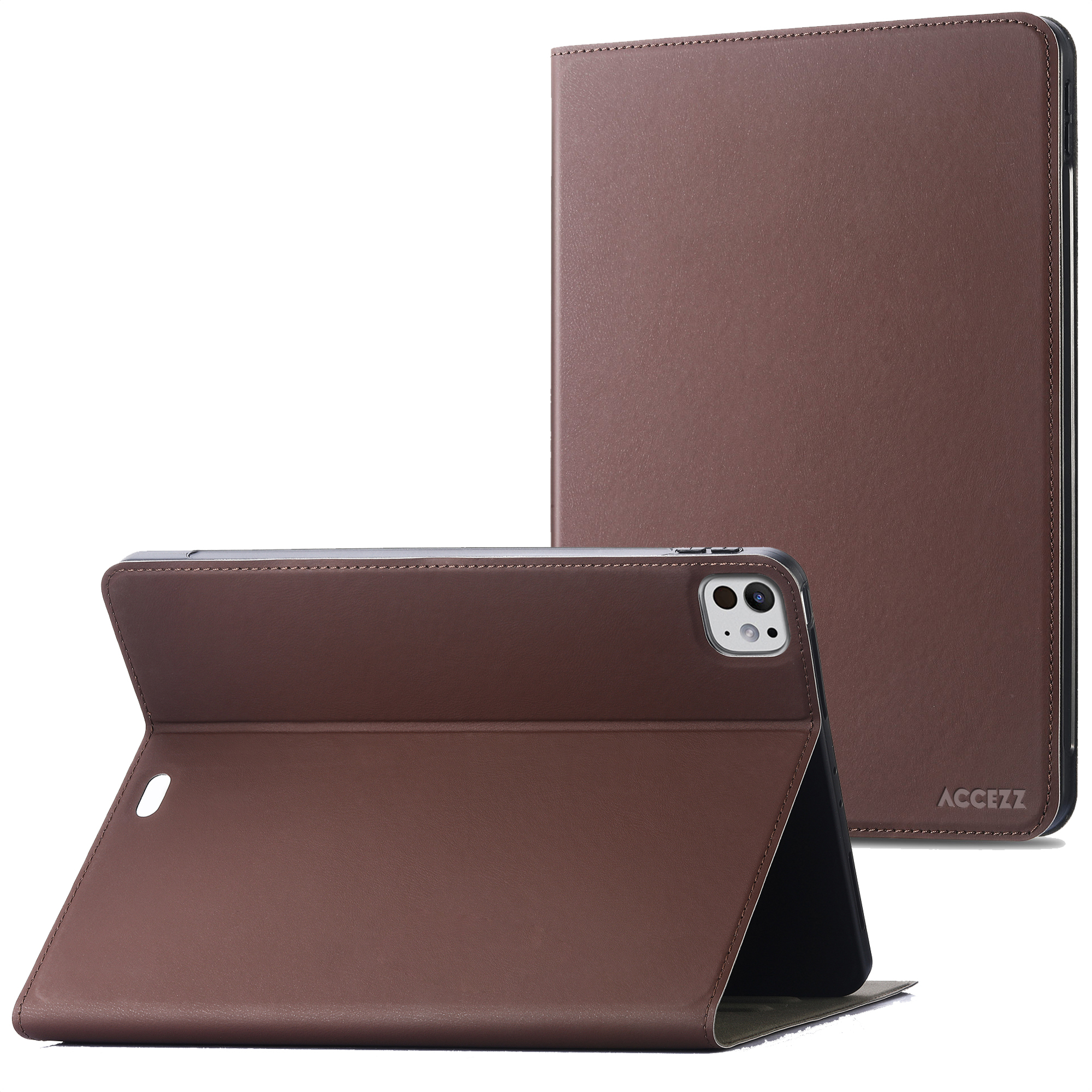 Brown tablet case, open and closed. Text: High quality leather.