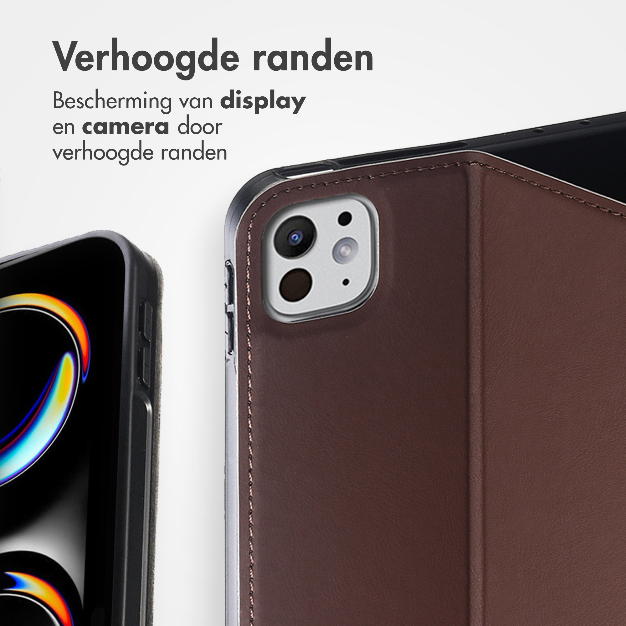 Phone case with brown leather texture, showing the camera and display.