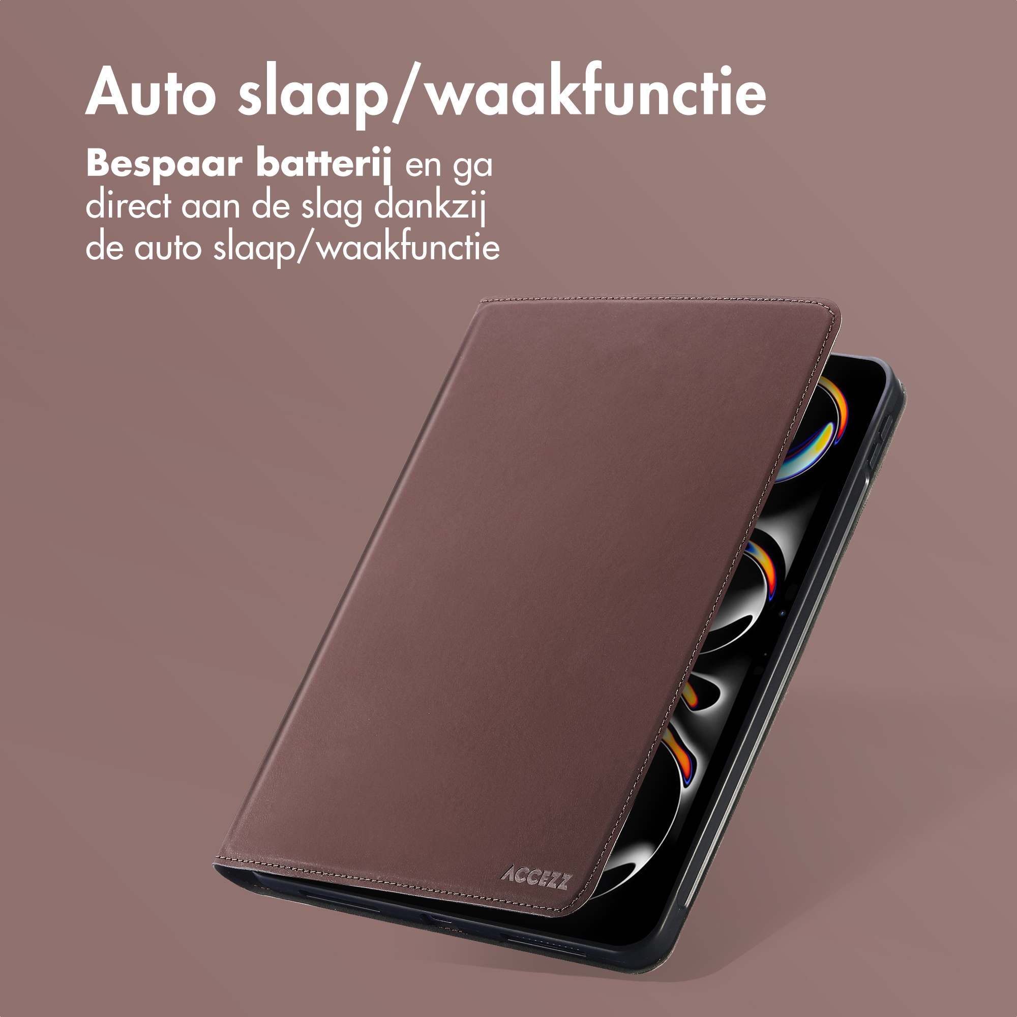 Phone case with a brown cover open. Text: "Auto sleep/wake function." The phone is inside. There is a brown background.