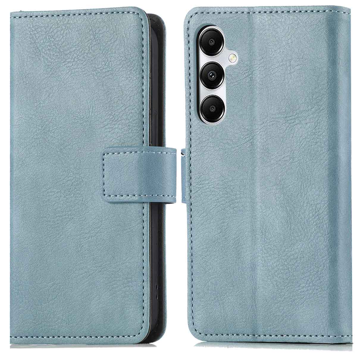 Blauwe telefoonhoes, gesloten, met de telefoon erin. Het heeft een magnetische sluiting.
