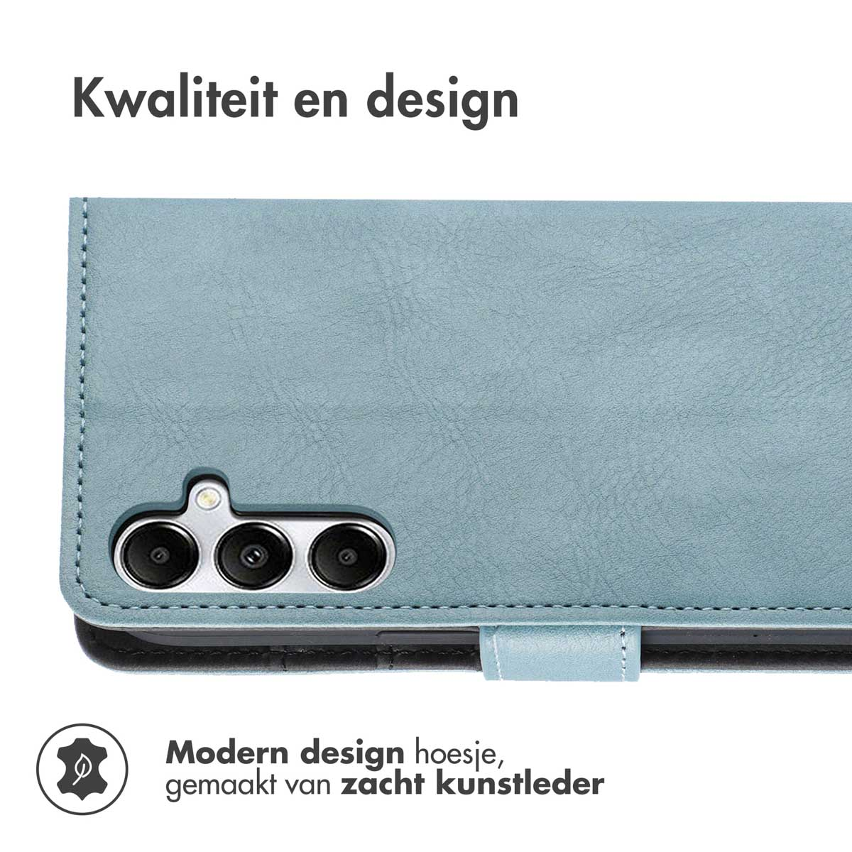 Een blauwe telefoonhoes met een camera-uitsparing. De tekst bovenaan luidt "Kwaliteit en design".