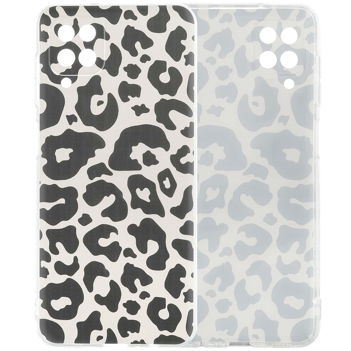 Transparante telefoonhoes met zwart-witte dierenprint, naast elkaar.