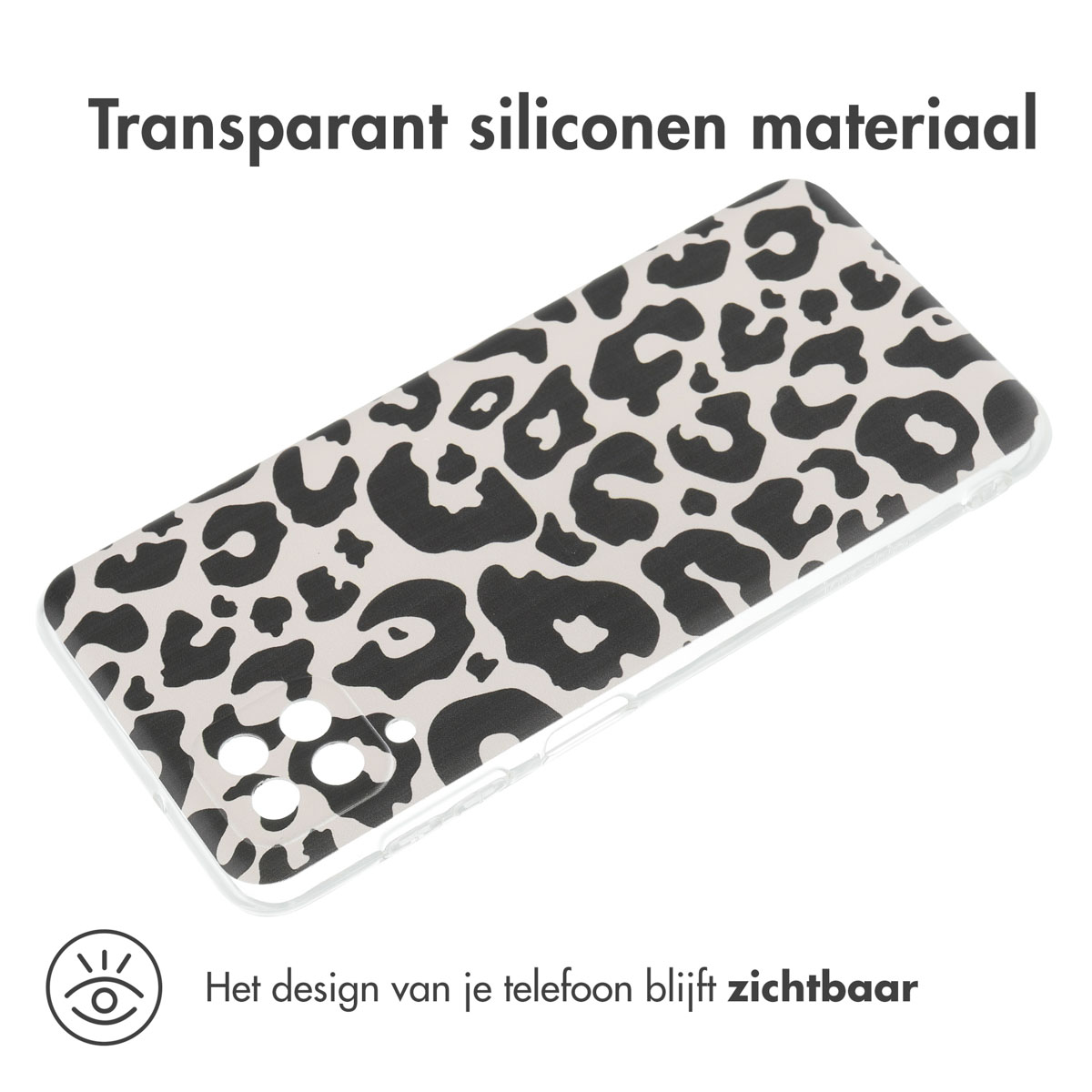 Transparante telefoonhoes met zwart-witte luipaardprint. Tekst: Transparant siliconen materiaal.