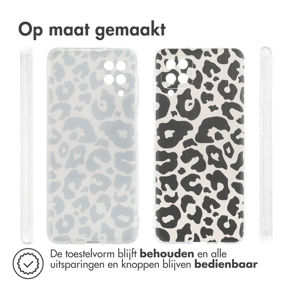 Telefoonhoesjes met luipaardprint. Twee hoesjes worden getoond, voor- en achterkant.