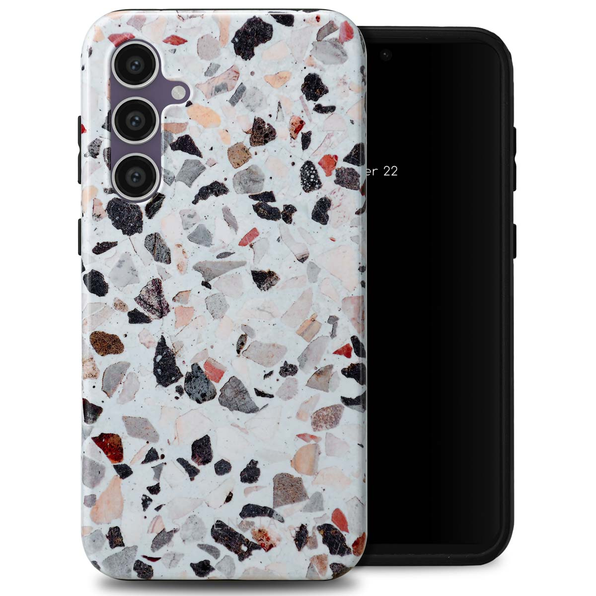 Een telefoonhoesje met een wit en veelkleurig steenpatroon. Een telefoon aan de rechterkant.
