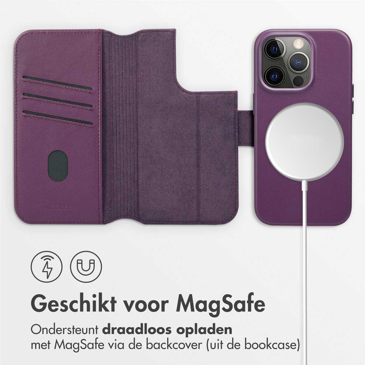 Coque de téléphone violette avec un design portefeuille. La coque est ouverte. Un chargeur blanc est visible.