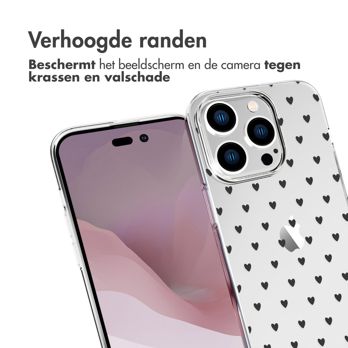 Custodia trasparente per telefono con cuori neri. Un telefono è visibile all'interno.