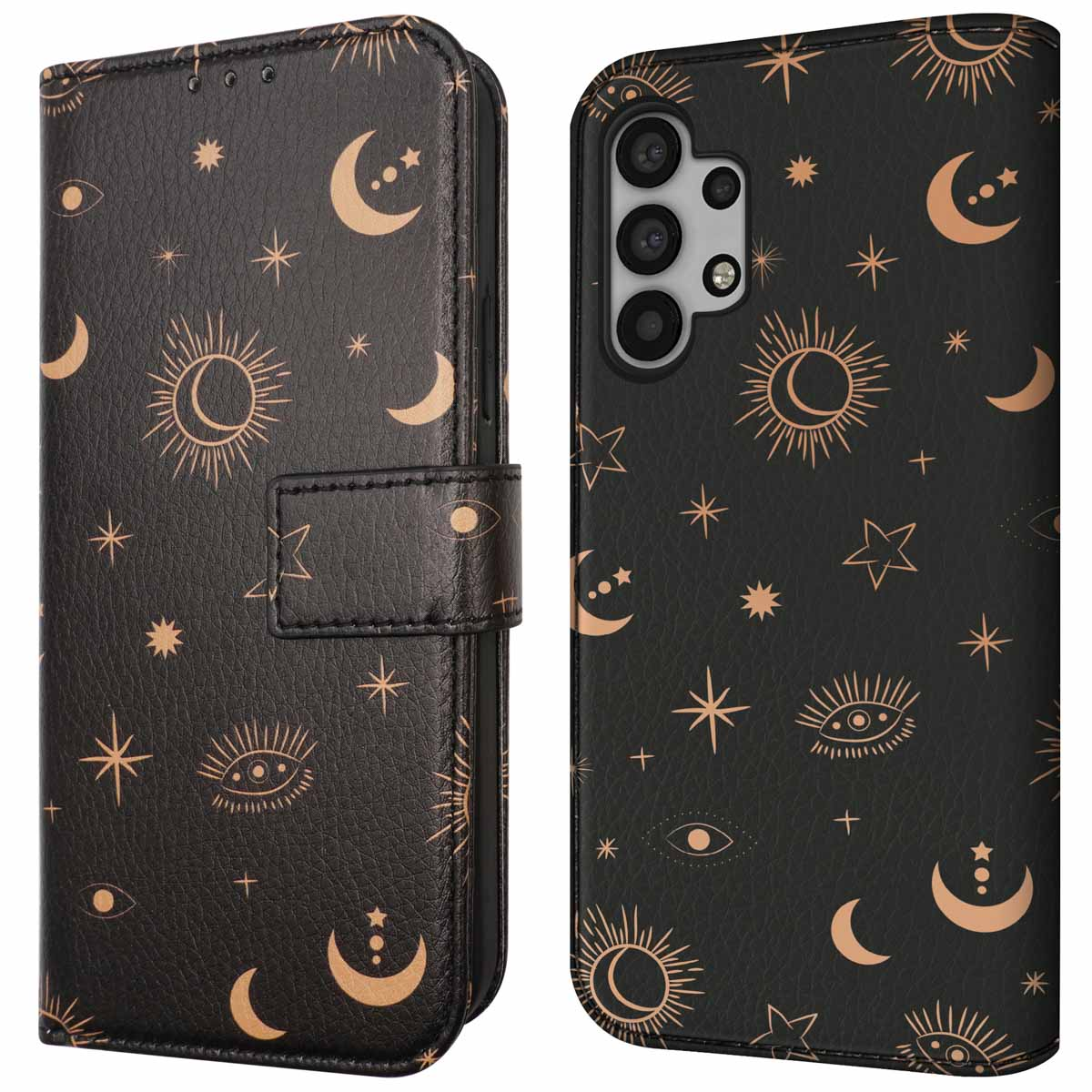 Zwart telefoonhoesje met hemels ontwerp. Sterren, manen en zonnen versieren de hoes.