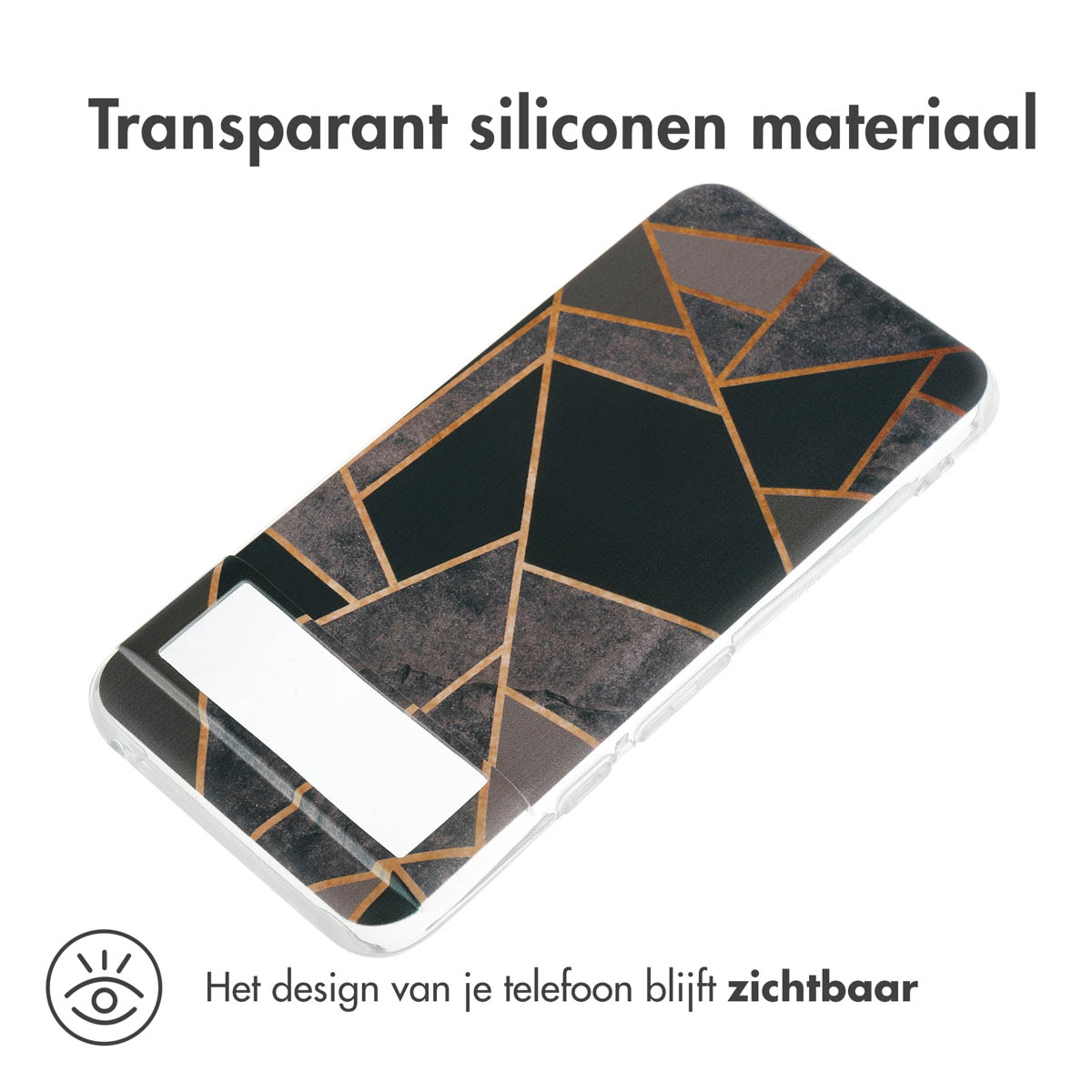 Transparente Handyhülle mit einem schwarz-, grau- und goldfarbenen geometrischen Design auf einem Telefon.
