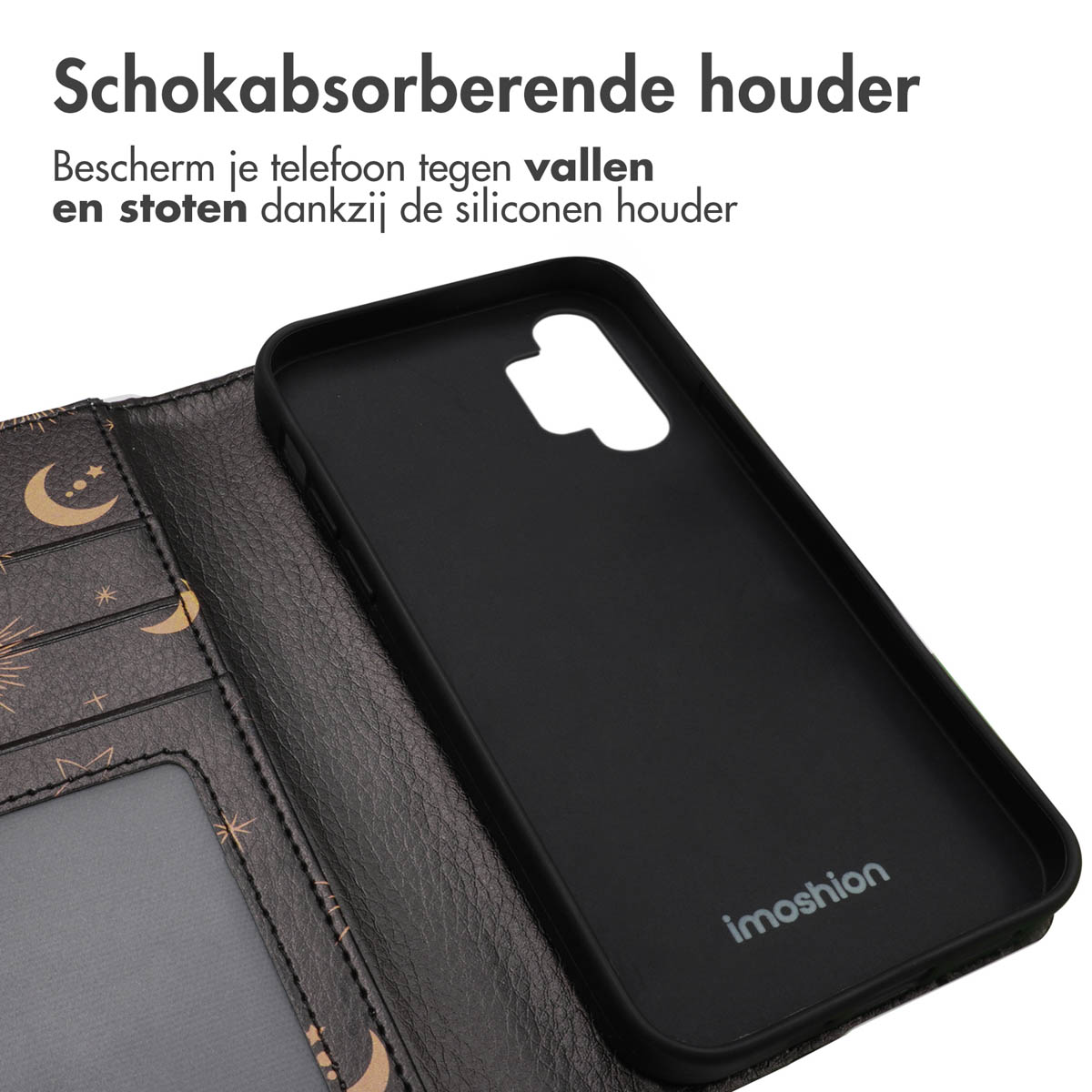 Zwarte telefoonhoes in een portemonnee-achtige hoes met een maan- en sterrenontwerp. De telefoonhoes is zwart.