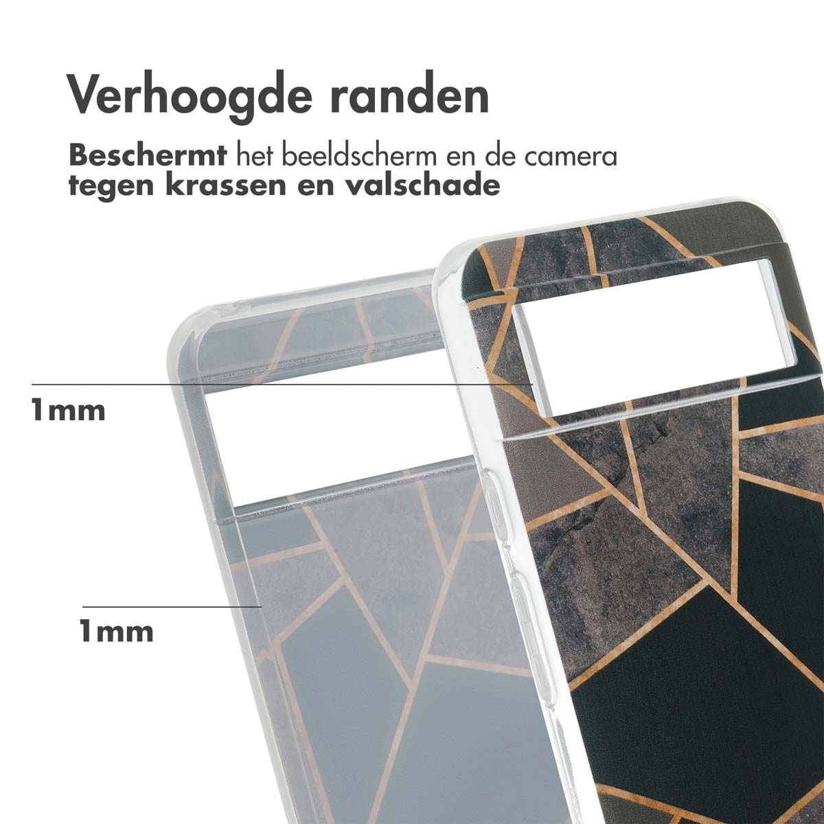 Transparente Handyhülle mit geometrischem schwarz-goldenen Muster. Zeigt den 1mm Schutz.