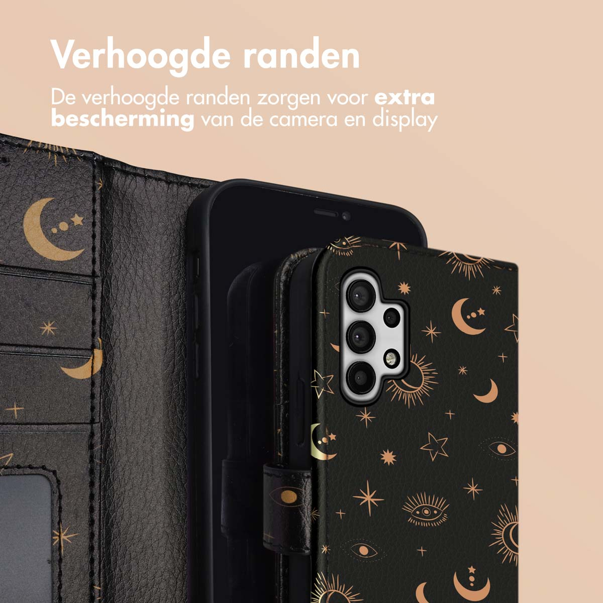 Zwarte telefoonhoes, open, met hemels ontwerp. Telefoon in het midden met kaartsleuven.