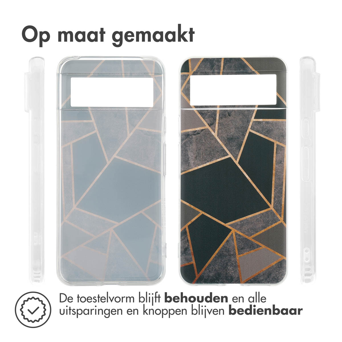 Zwei Handyhüllen mit geometrischen Mustern. Eine hat ein grau-goldenes Muster. Die andere hat ein schwarz-goldenes Muster.