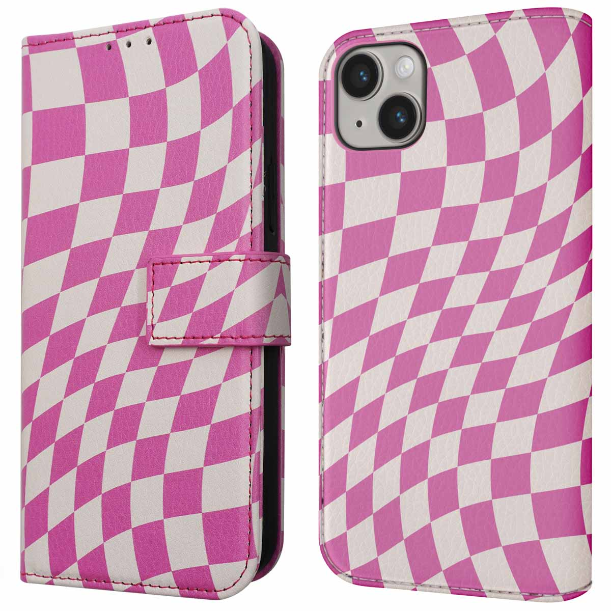 Een roze en witte geruite telefoonhoes. Een open telefoonhoes met een telefoon.