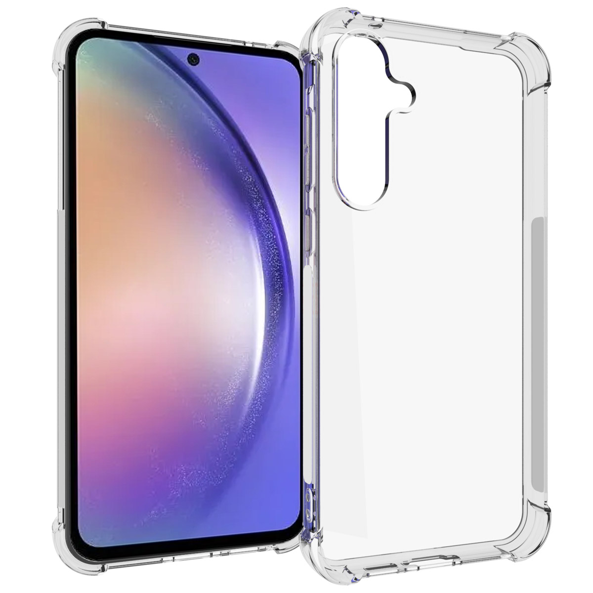 Transparante telefoonhoes en telefoon, naast elkaar. De telefoon heeft een paars scherm.