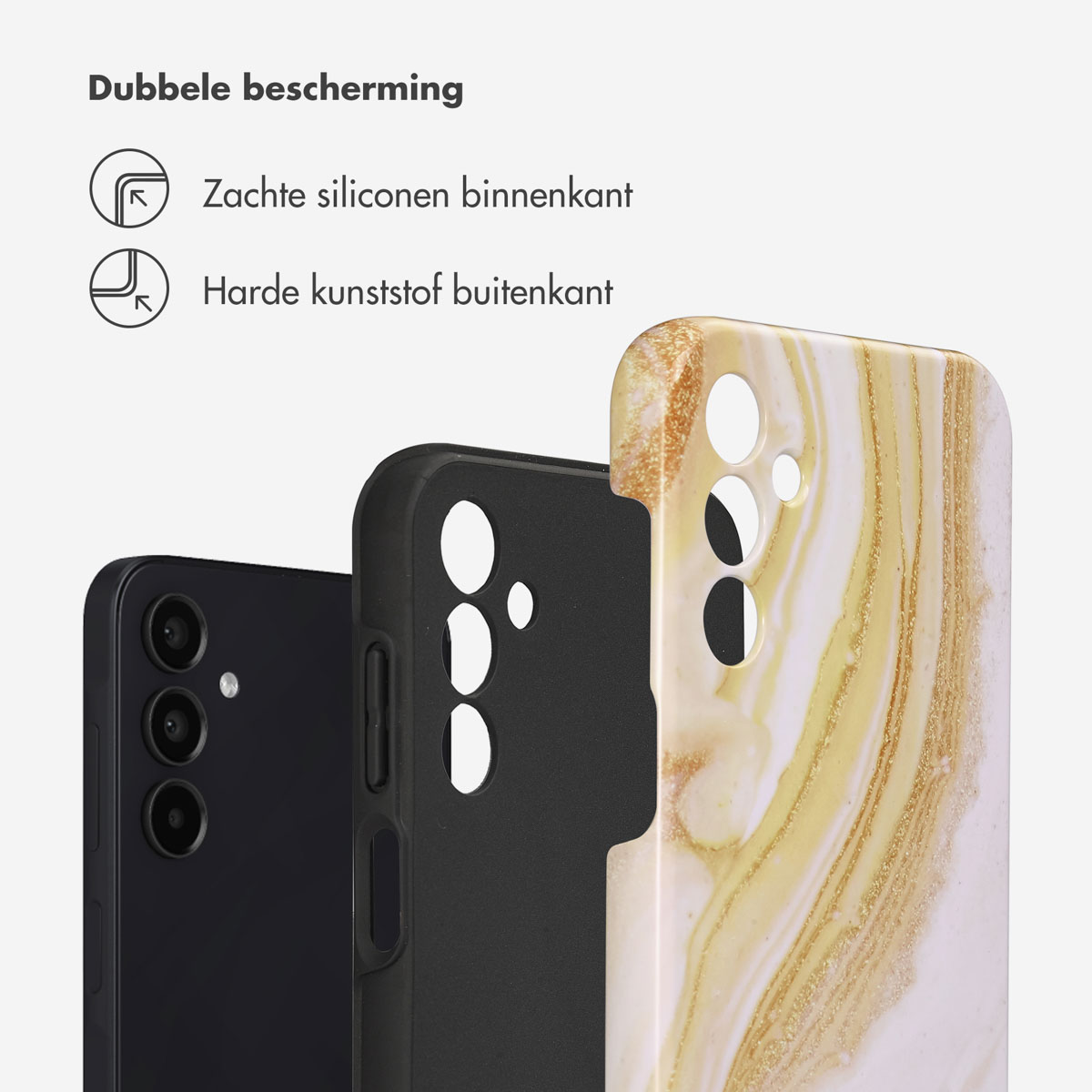 Telefoonhoesje met marmerontwerp, zwarte telefoon binnenin. Eigenschappen tonen dubbele bescherming: zachte siliconen binnenkant, hard plastic buitenkant.