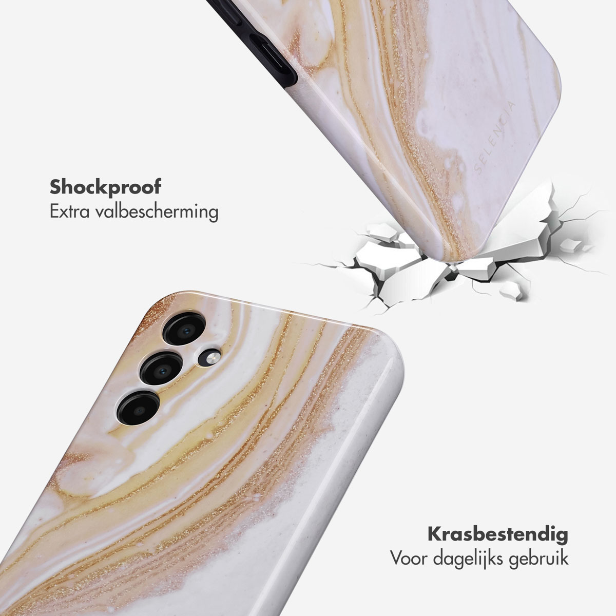 Een telefoonhoesje met een marmerdesign, breekt bij impact. Tekst: Schokbestendig, krasbestendig.