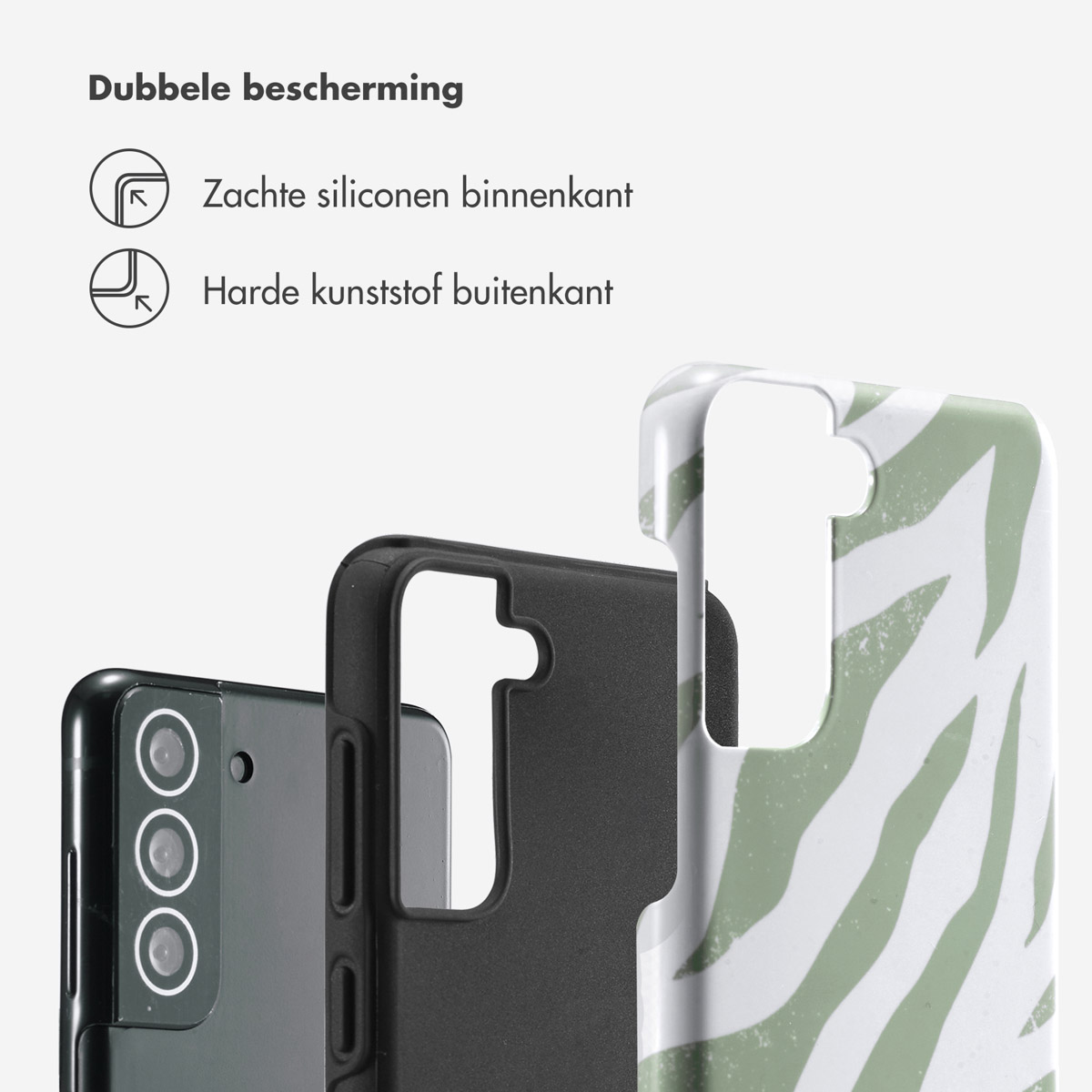 Coque de téléphone avec un motif zébré vert et blanc. Téléphone et coque. Fond blanc.