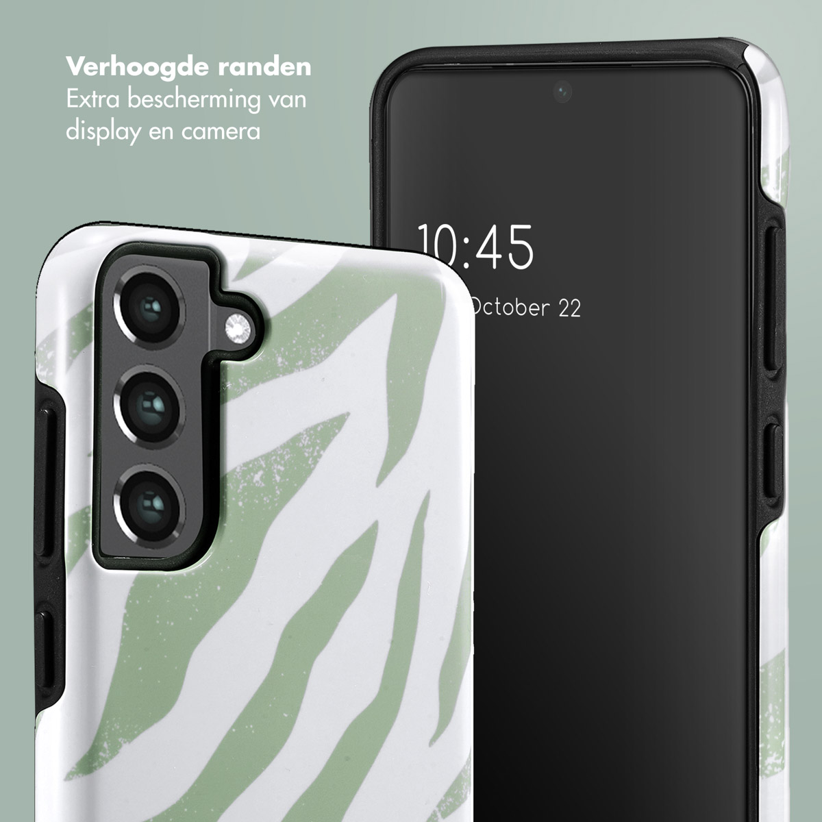 Coque de téléphone avec un motif zébré vert. Le téléphone est à côté de la coque.