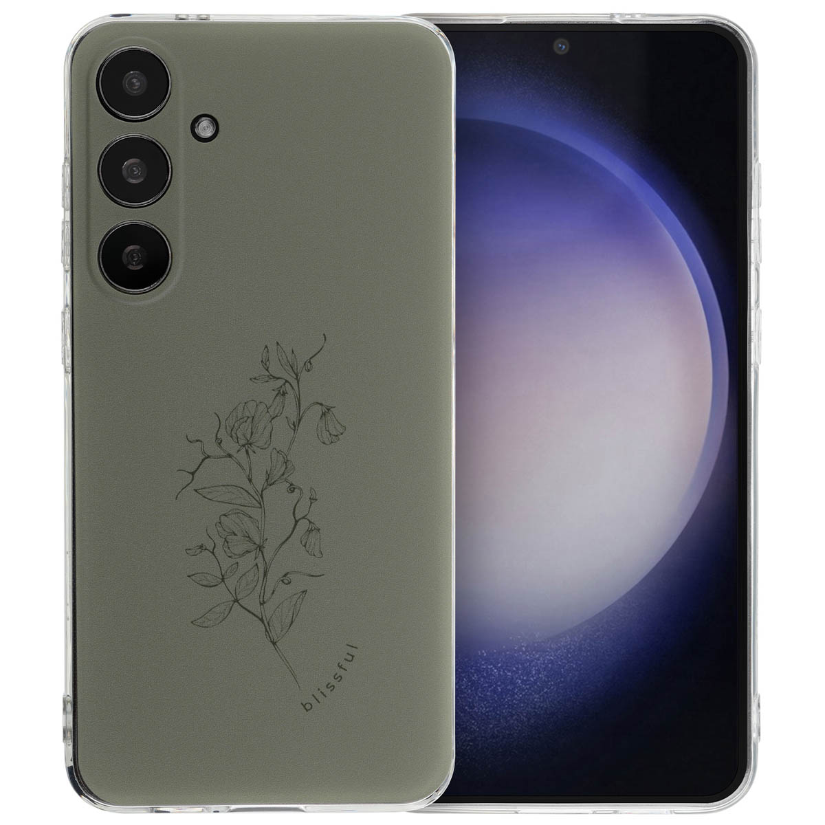 Coque de téléphone verte avec un motif floral. Un téléphone est visible à l'intérieur.