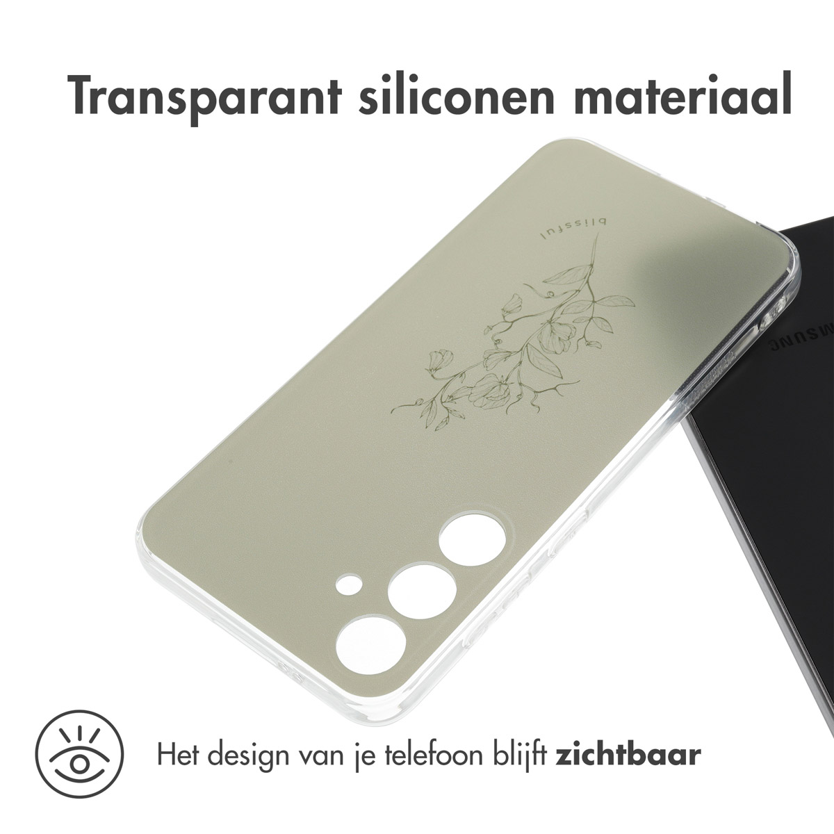 Coque de téléphone transparente avec un motif floral. Un téléphone est à droite.