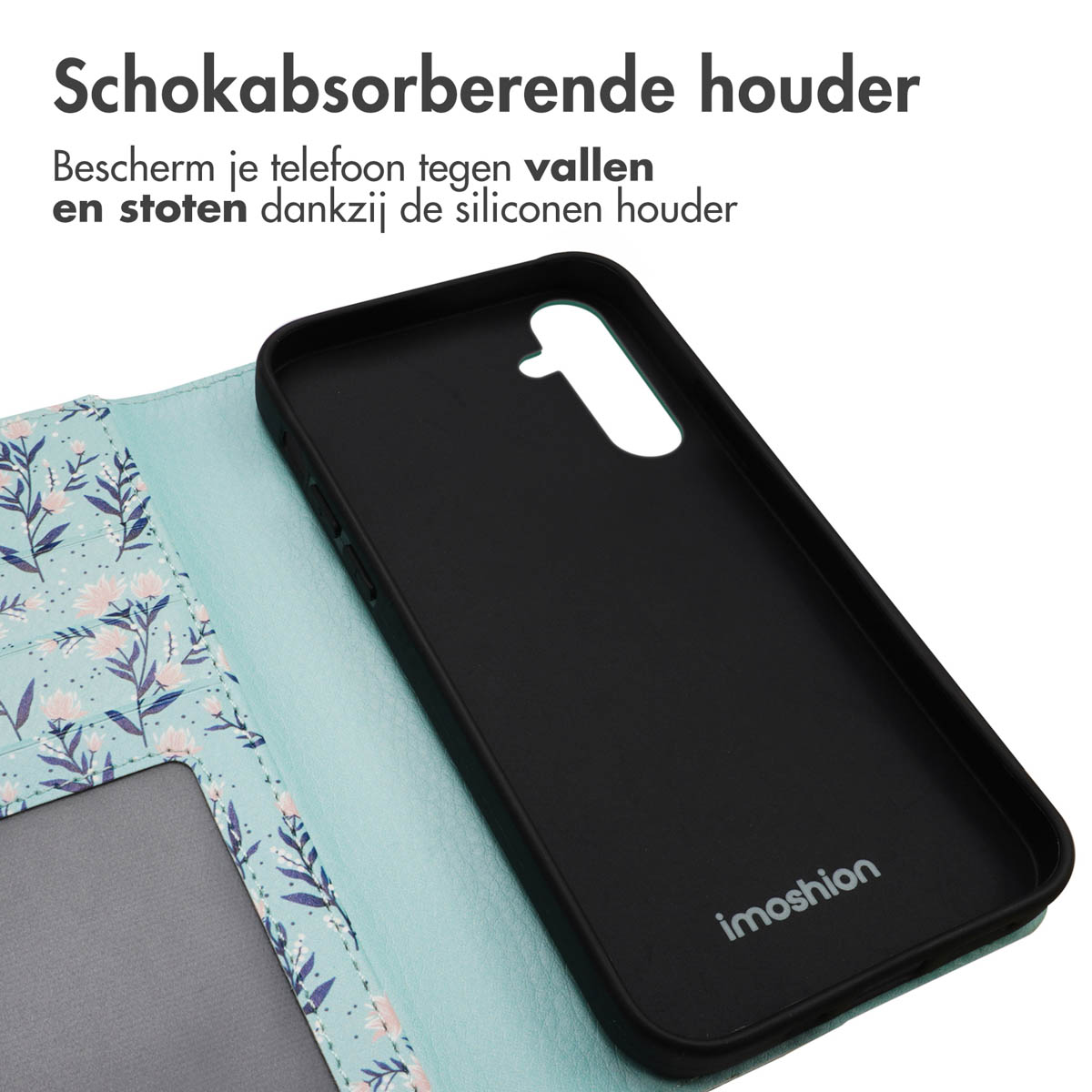 Téléphone noir dans un étui à motif floral, ouvert.