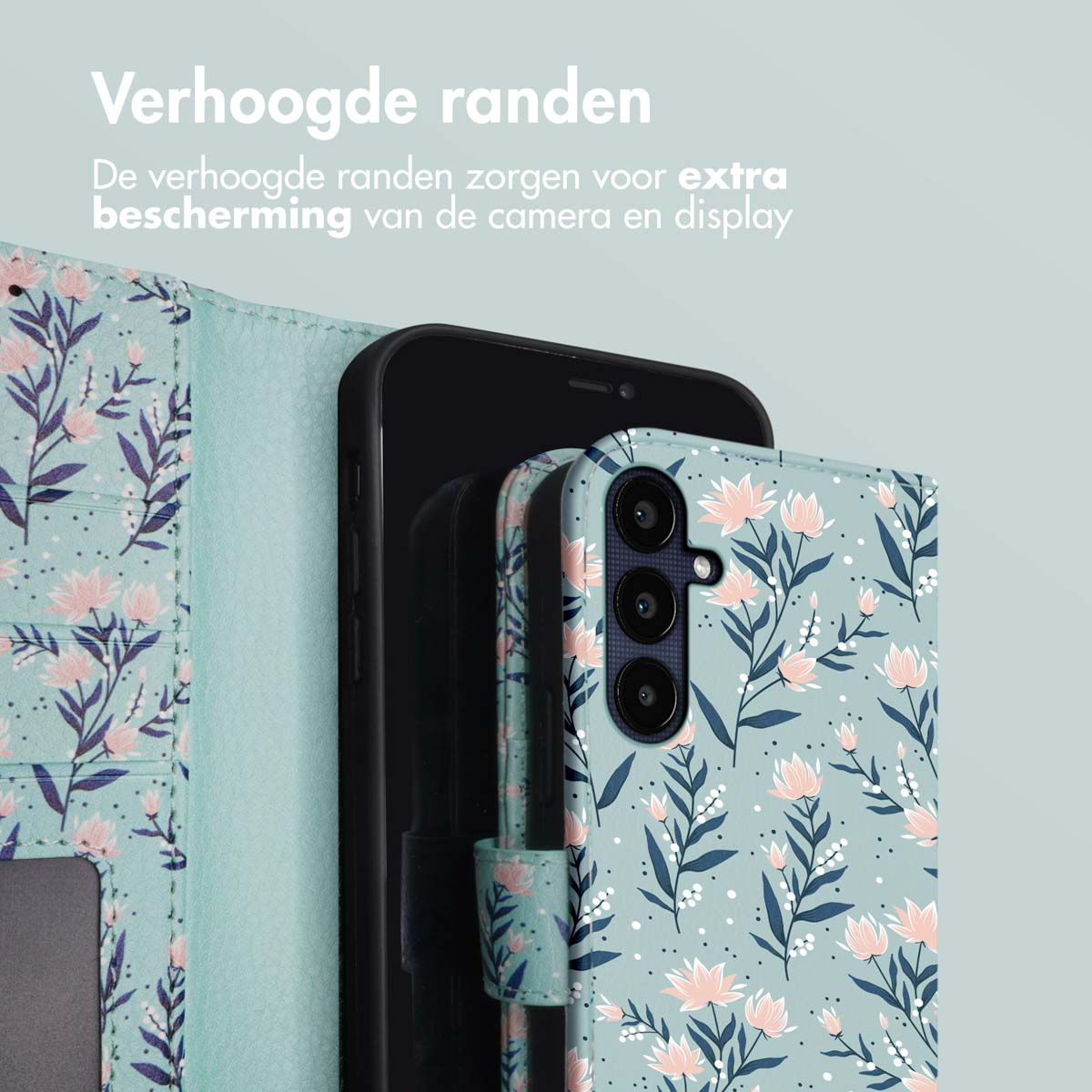 Téléphone avec étui à motifs floraux, ouvert pour montrer l'écran et le téléphone. Texte sur la protection supplémentaire de la caméra et de l'écran.